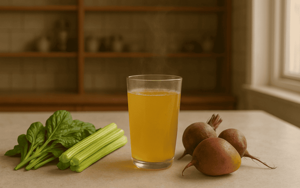 Spinat Sellerie Brühe Rote Bete Mango angeordnet